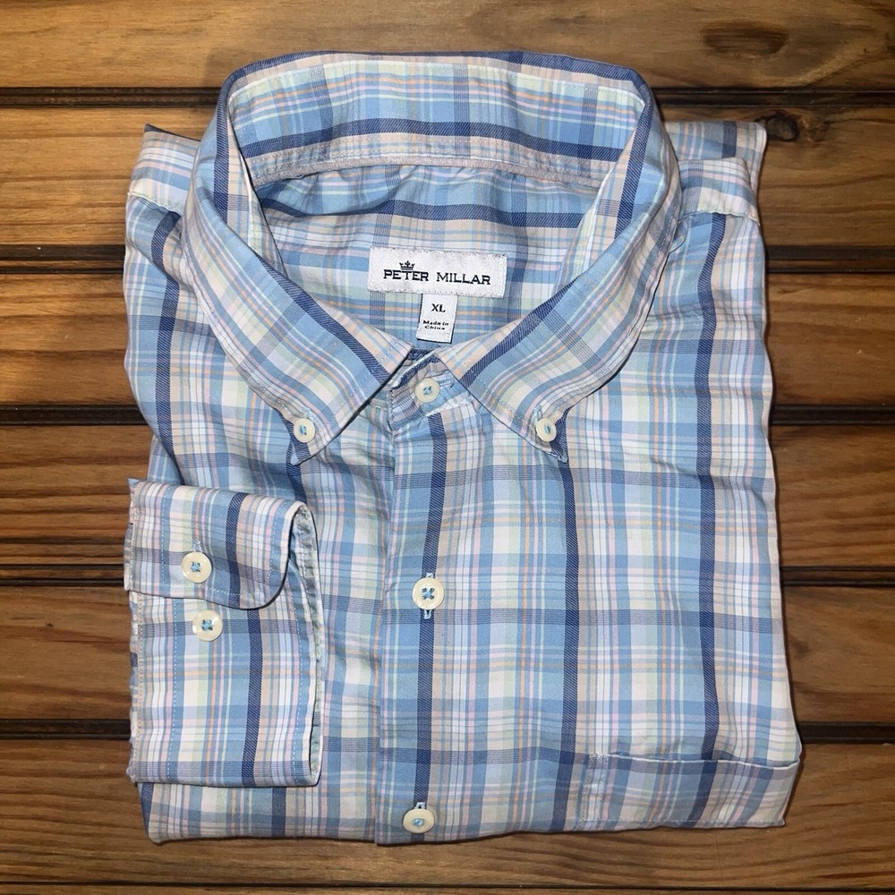 Peter Millar Silk Cotton Shirt Mens Size XL Long Sleeve Button Blue Plaid Check